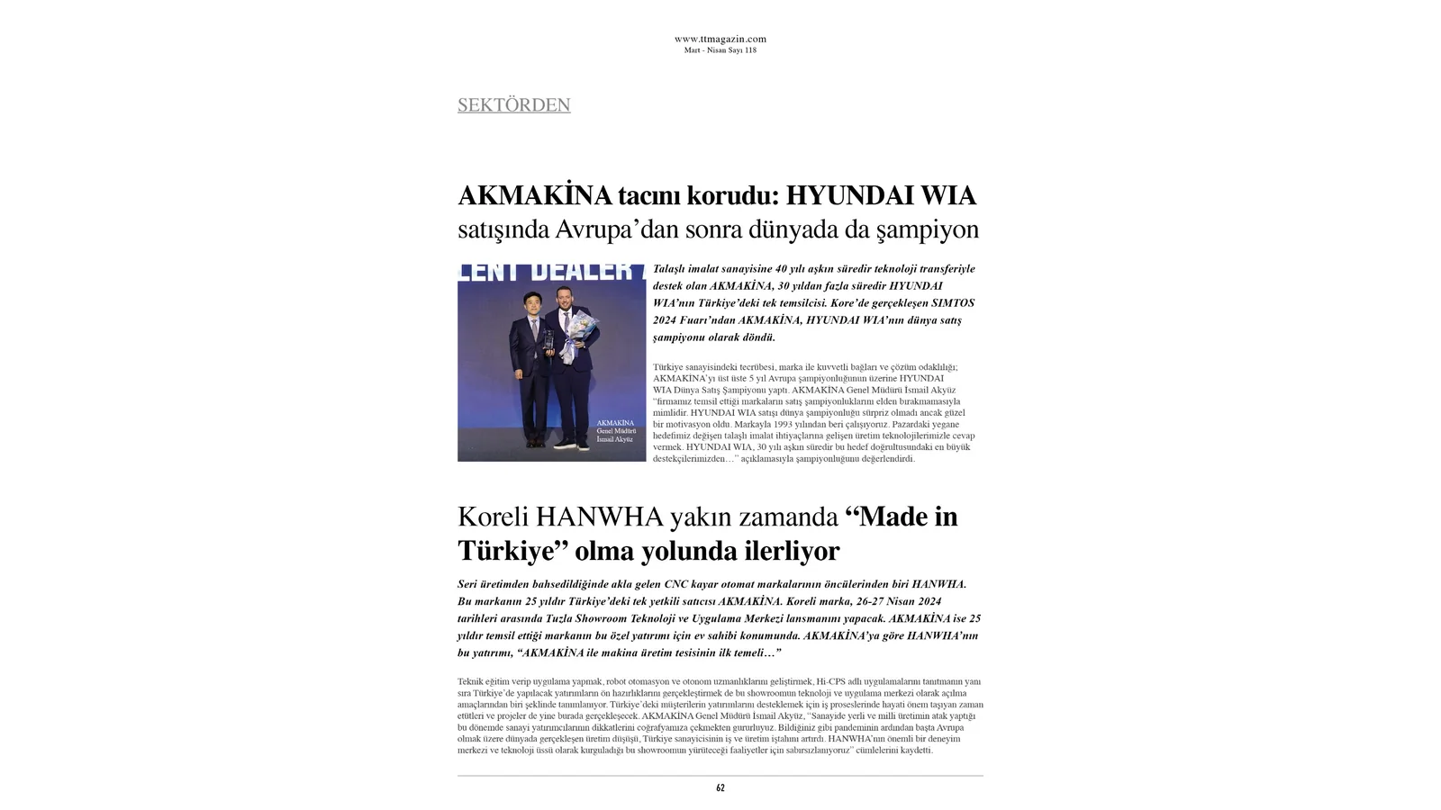 TT Magazin Sayı 118 — Akmakina Hyundai Wia dünya satış şampiyonu haberi
